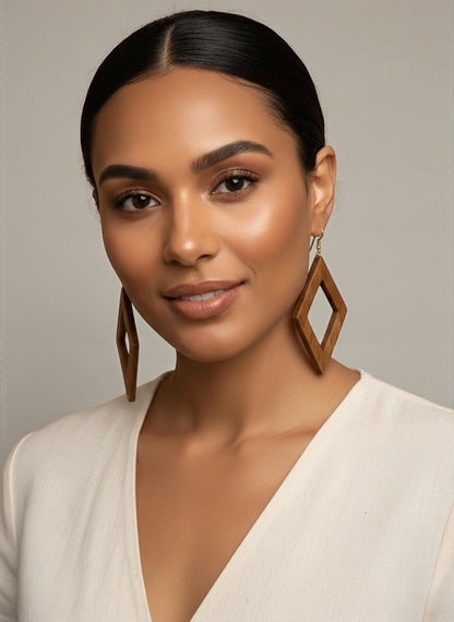 Handmade Wooden Diamond Frame Drop Earrings – Minimal Boho Statement Jewellery - Fatisha Boutique #