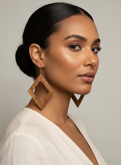 Handmade Wooden Diamond Frame Drop Earrings – Minimal Boho Statement Jewellery - Fatisha Boutique #