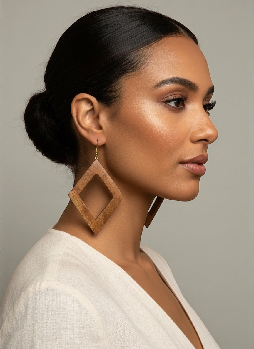 Handmade Wooden Diamond Frame Drop Earrings – Minimal Boho Statement Jewellery - Fatisha Boutique #