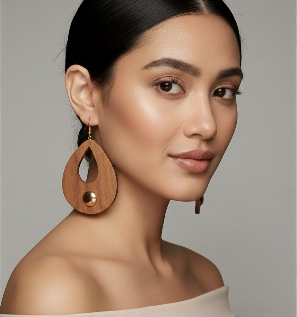 Handmade Wooden Teardrop Earrings with Brass Detail – Ethnic Statement Jewellery - Fatisha Boutique #
