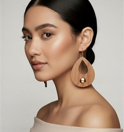 Handmade Wooden Teardrop Earrings with Brass Detail – Ethnic Statement Jewellery - Fatisha Boutique #
