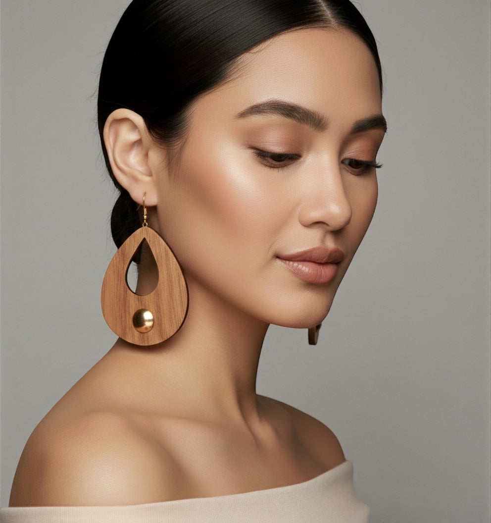 Handmade Wooden Teardrop Earrings with Brass Detail – Ethnic Statement Jewellery - Fatisha Boutique #