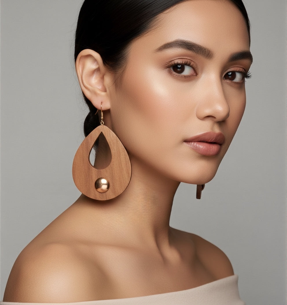 Handmade Wooden Teardrop Earrings with Brass Detail – Ethnic Statement Jewellery - Fatisha Boutique #