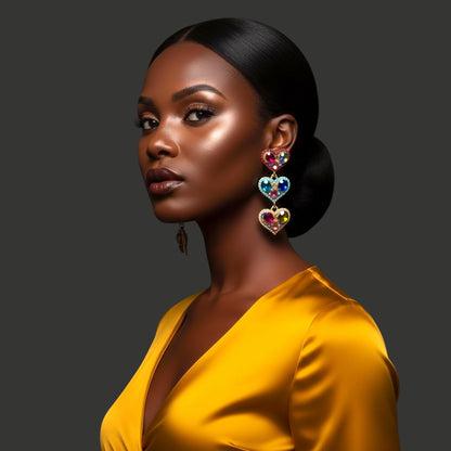 Multicolour Rhinestone Heart Drop Earrings – Bold Statement Crystal Earrings - Fatisha Boutique #
