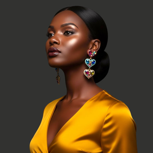 Multicolour Rhinestone Heart Drop Earrings – Bold Statement Crystal Earrings - Fatisha Boutique #