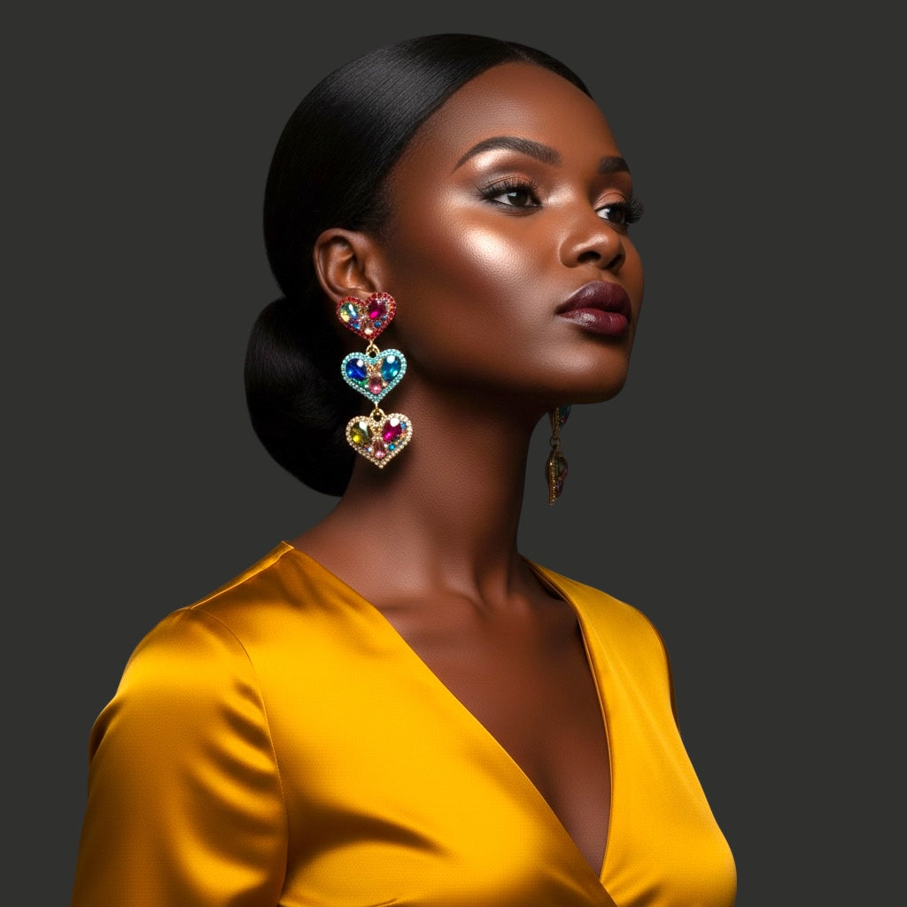 Multicolour Rhinestone Heart Drop Earrings – Bold Statement Crystal Earrings - Fatisha Boutique #