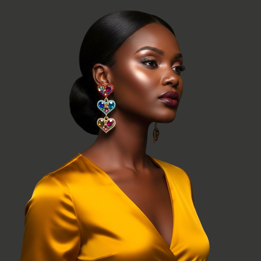 Multicolour Rhinestone Heart Drop Earrings – Bold Statement Crystal Earrings - Fatisha Boutique #