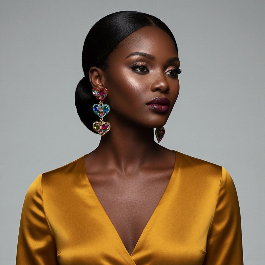 Multicolour Rhinestone Heart Drop Earrings – Bold Statement Crystal Earrings - Fatisha Boutique #