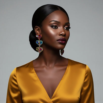 Multicolour Rhinestone Heart Drop Earrings – Bold Statement Crystal Earrings - Fatisha Boutique #