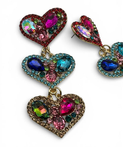 Multicolour Rhinestone Heart Drop Earrings – Bold Statement Crystal Earrings - Fatisha Boutique #
