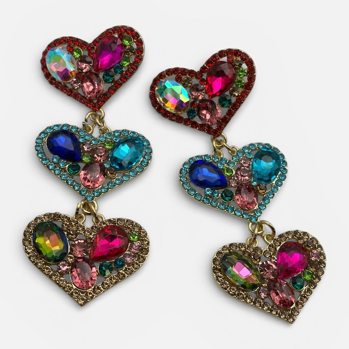 Multicolour Rhinestone Heart Drop Earrings – Bold Statement Crystal Earrings - Fatisha Boutique #