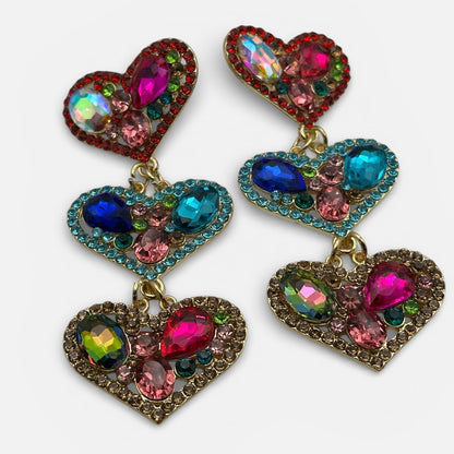 Multicolour Rhinestone Heart Drop Earrings – Bold Statement Crystal Earrings - Fatisha Boutique #