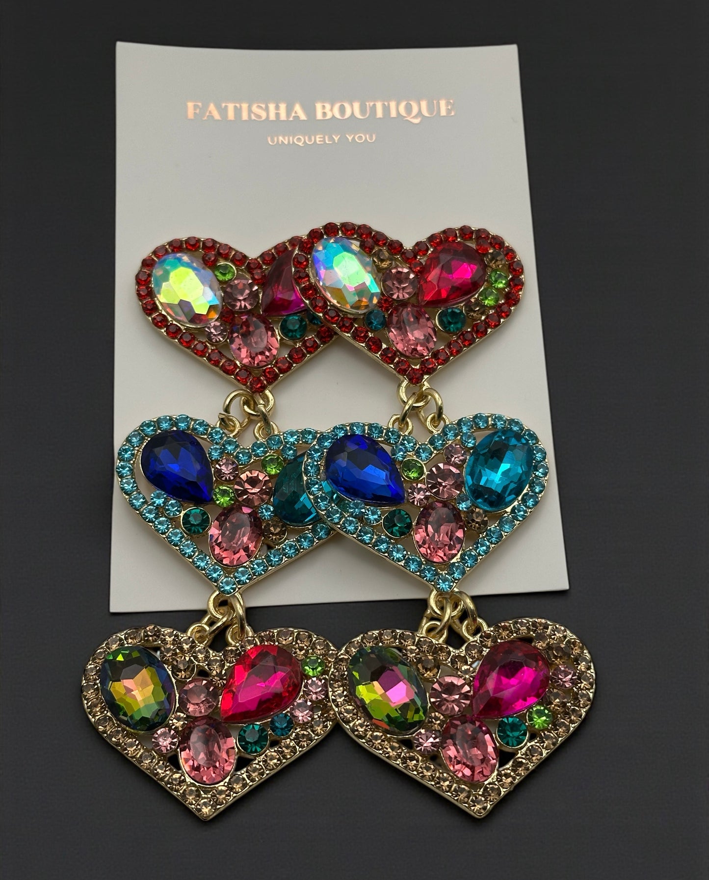 Multicolour Rhinestone Heart Drop Earrings – Bold Statement Crystal Earrings - Fatisha Boutique #