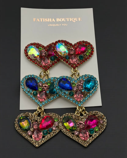 Multicolour Rhinestone Heart Drop Earrings – Bold Statement Crystal Earrings - Fatisha Boutique #