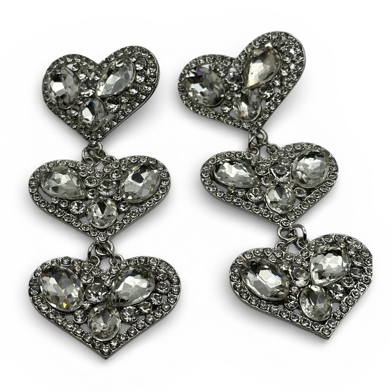 Silver Rhinestone Heart Drop Earrings – 10cm Statement Crystal Earrings