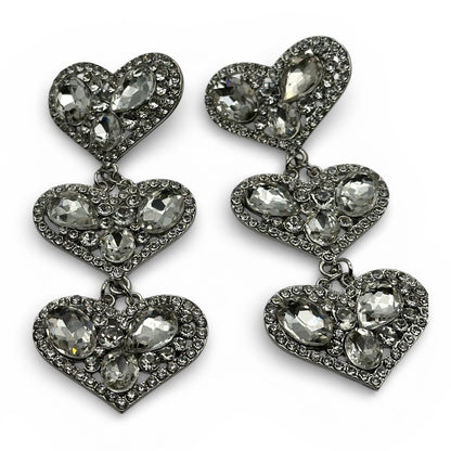 Silver Rhinestone Heart Drop Earrings – 10cm Statement Crystal Earrings