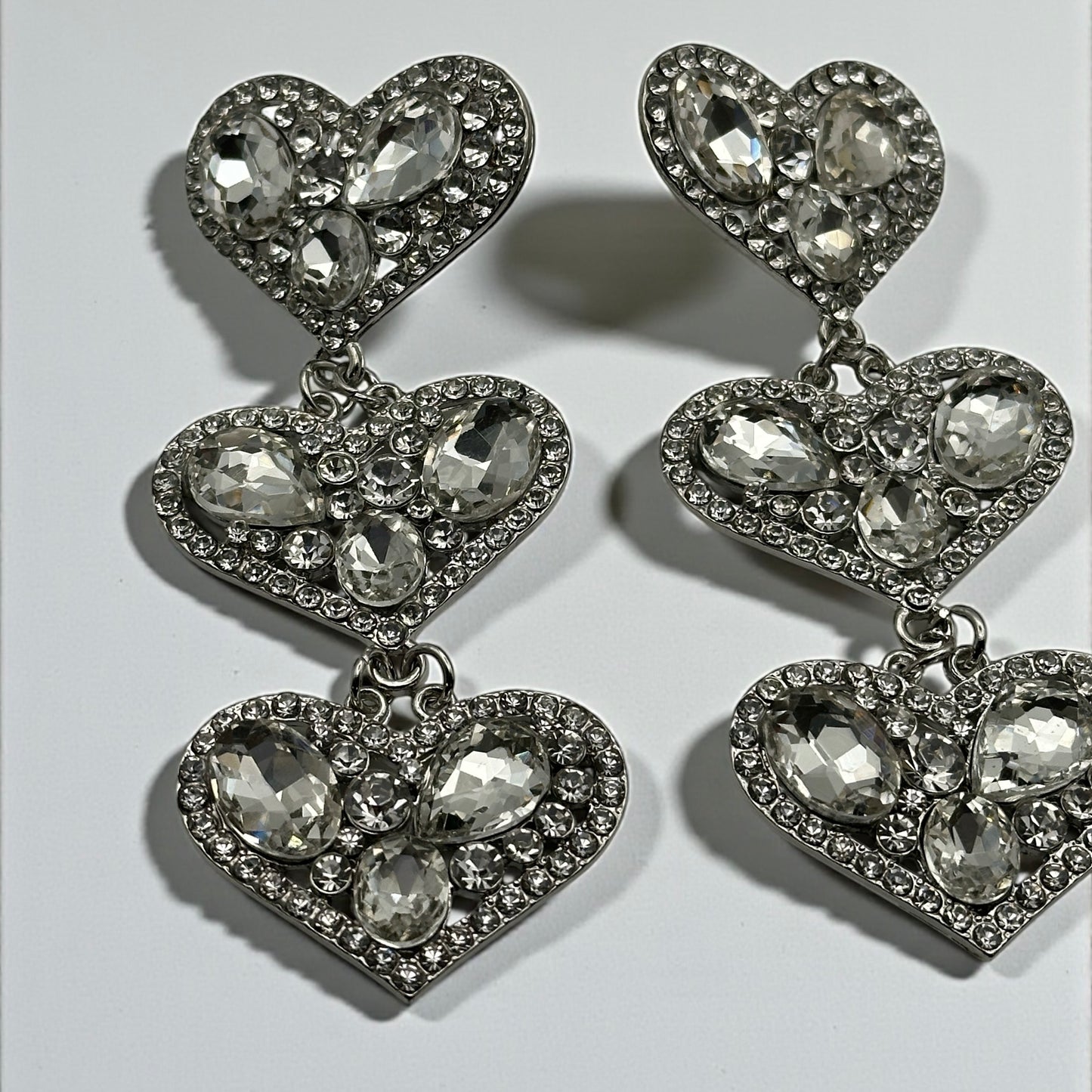 Silver Rhinestone Heart Drop Earrings – 10cm Statement Crystal Earrings