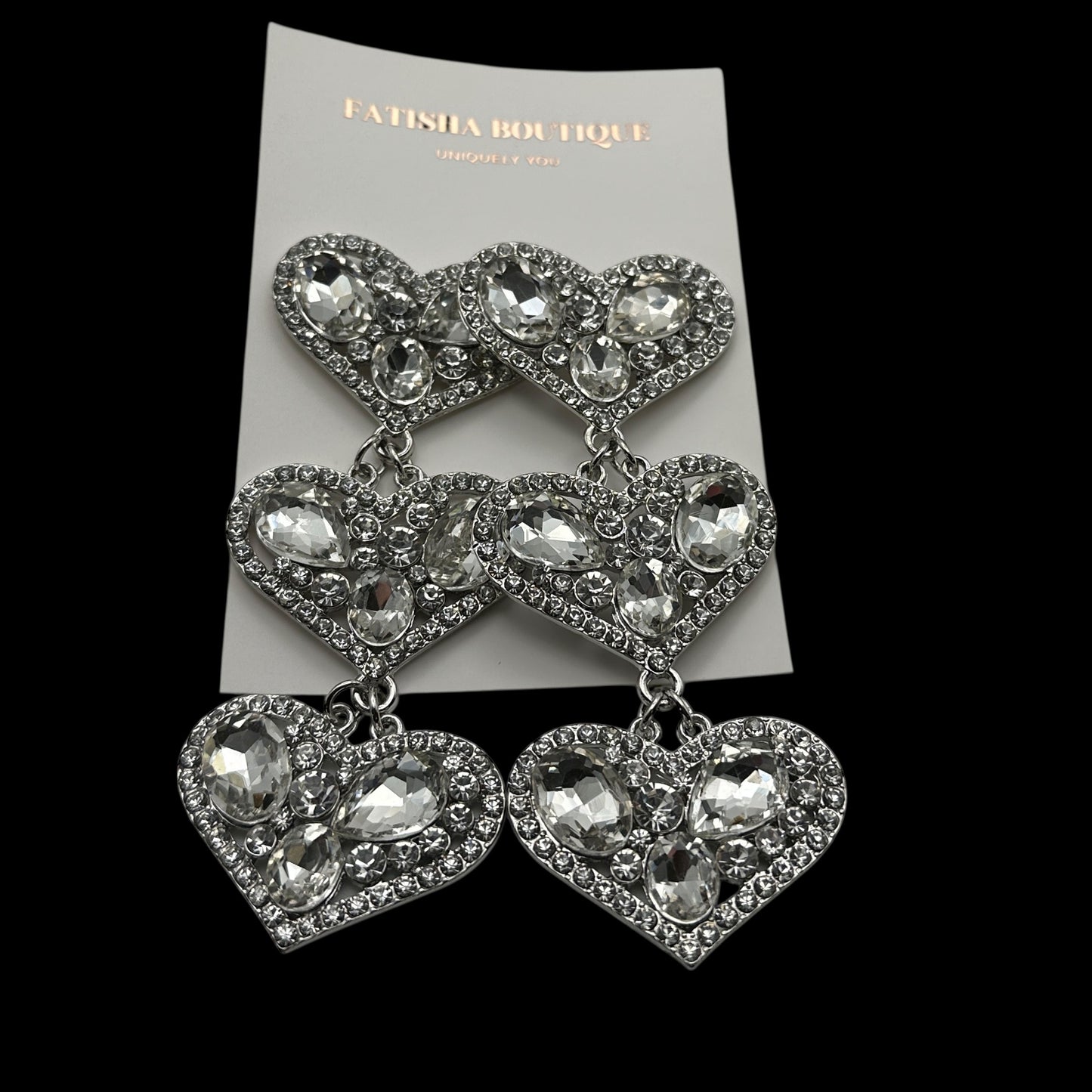 Silver Rhinestone Heart Drop Earrings – 10cm Statement Crystal Earrings