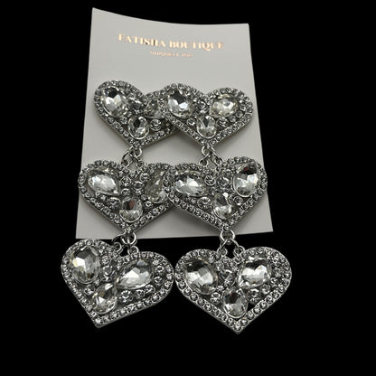 Silver Rhinestone Heart Drop Earrings – 10cm Statement Crystal Earrings