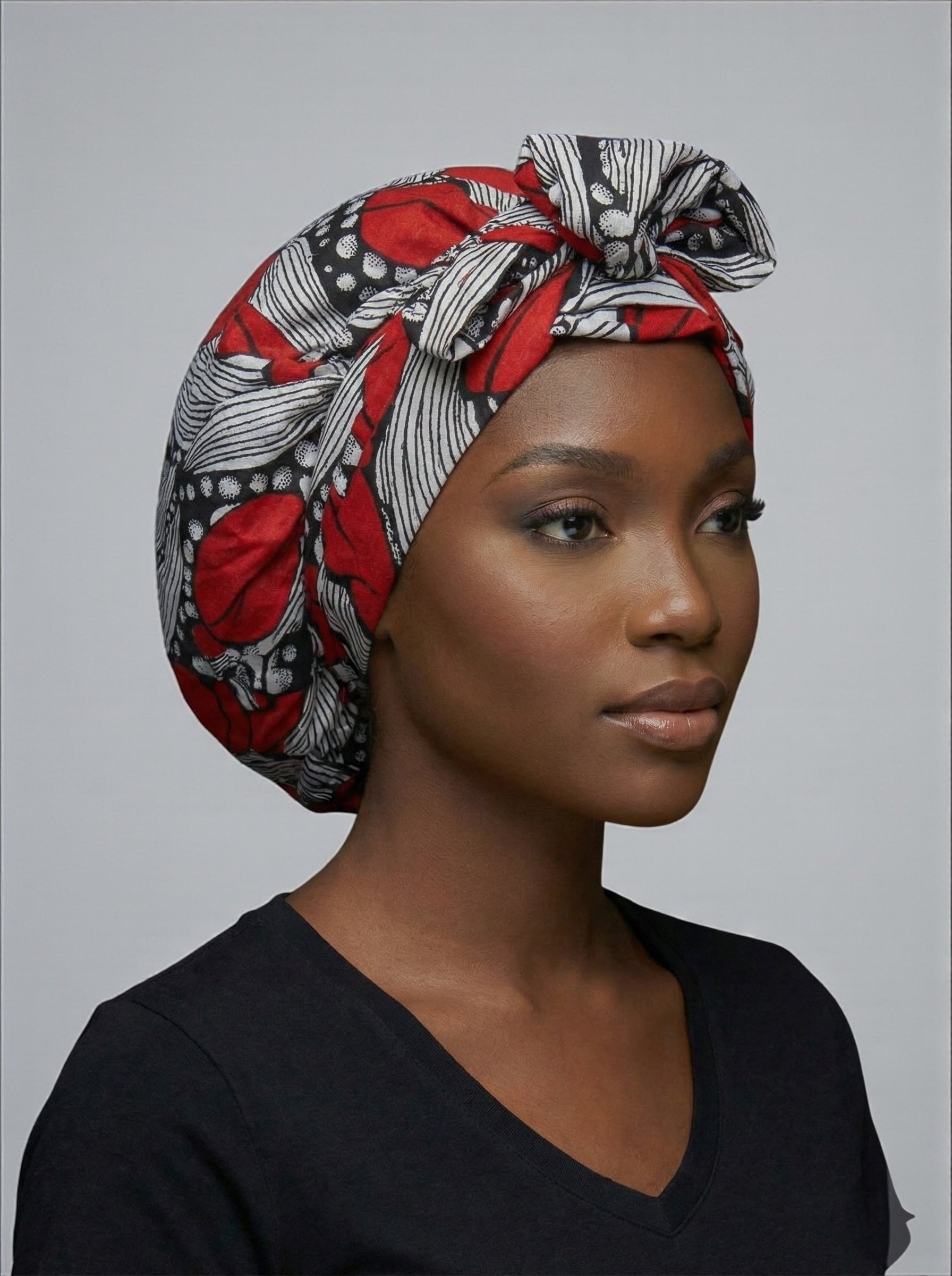 Red & Black Ankara Satin-Lined Bonnet with Long Ties – Multi-Wear Sleep Cap, Turban & Headwrap - Fatisha Boutique #