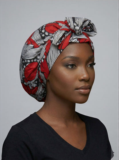 Red & Black Ankara Satin-Lined Bonnet with Long Ties – Multi-Wear Sleep Cap, Turban & Headwrap - Fatisha Boutique #