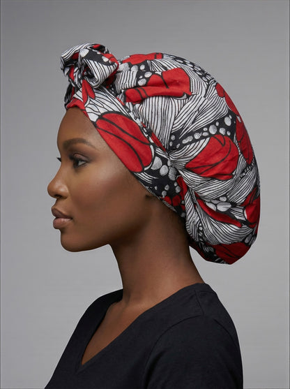 Red & Black Ankara Satin-Lined Bonnet with Long Ties – Multi-Wear Sleep Cap, Turban & Headwrap - Fatisha Boutique #