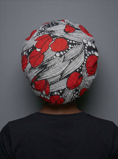 Red & Black Ankara Satin-Lined Bonnet with Long Ties – Multi-Wear Sleep Cap, Turban & Headwrap - Fatisha Boutique #