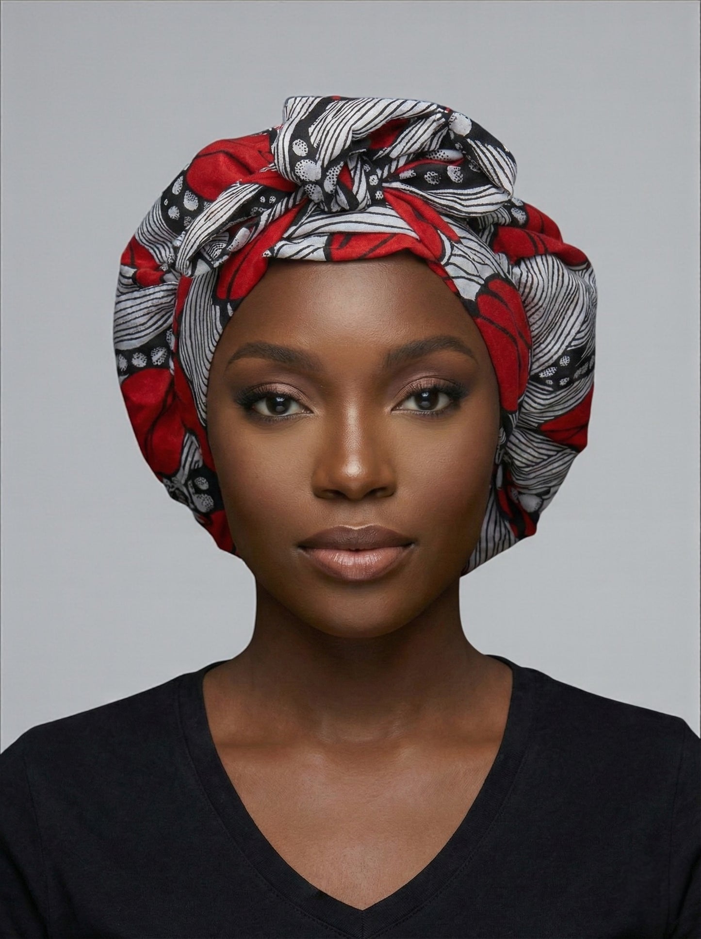 Red & Black Ankara Satin-Lined Bonnet with Long Ties – Multi-Wear Sleep Cap, Turban & Headwrap - Fatisha Boutique #