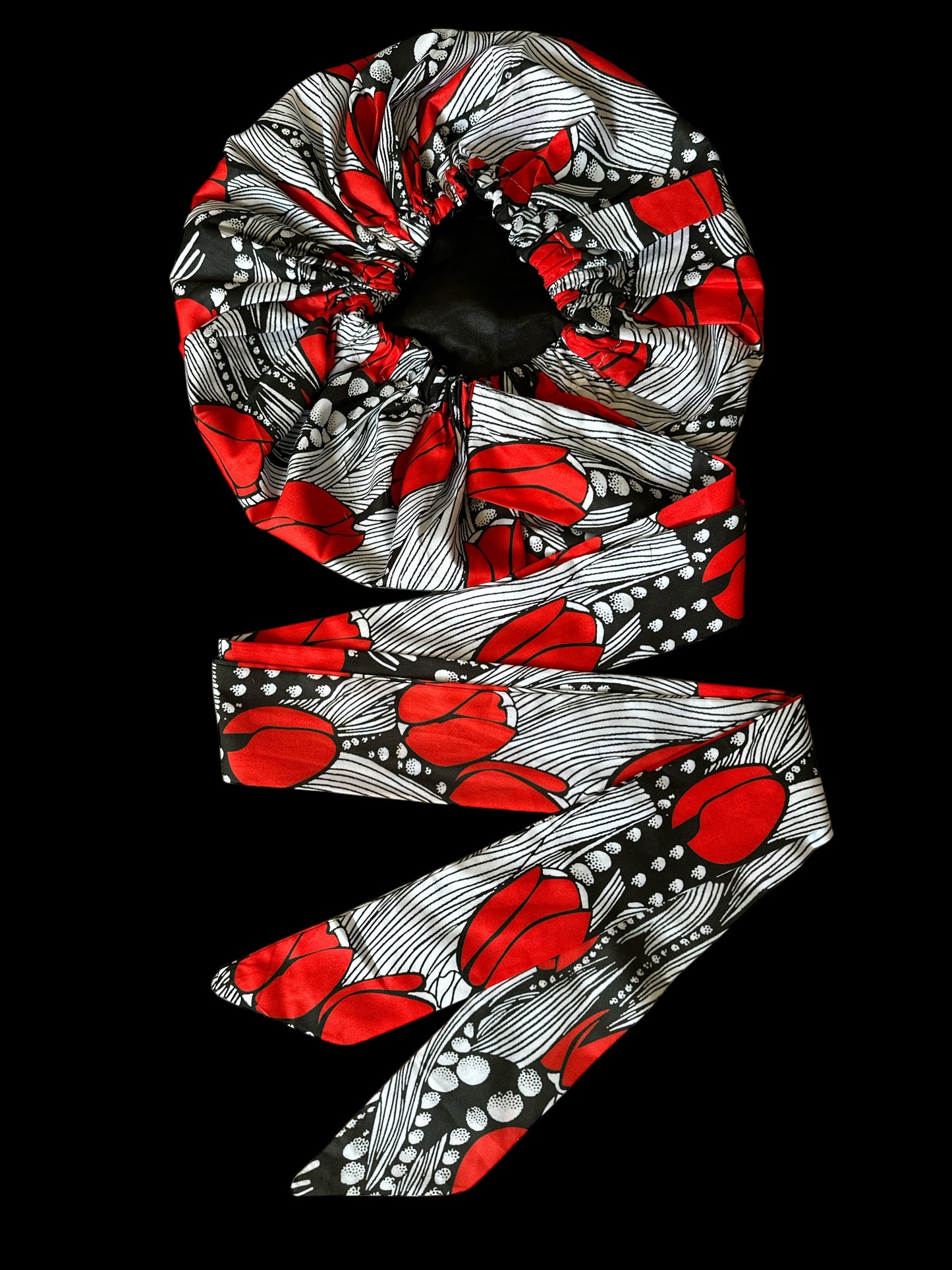 Red & Black Ankara Satin-Lined Bonnet with Long Ties – Multi-Wear Sleep Cap, Turban & Headwrap - Fatisha Boutique #