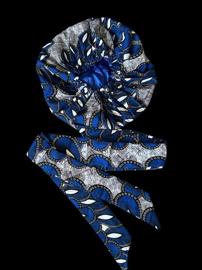 Blue Ankara Satin-Lined Bonnet with Long Ties – Multi-Wear Sleep Cap, Turban & Headwrap - Fatisha Boutique #
