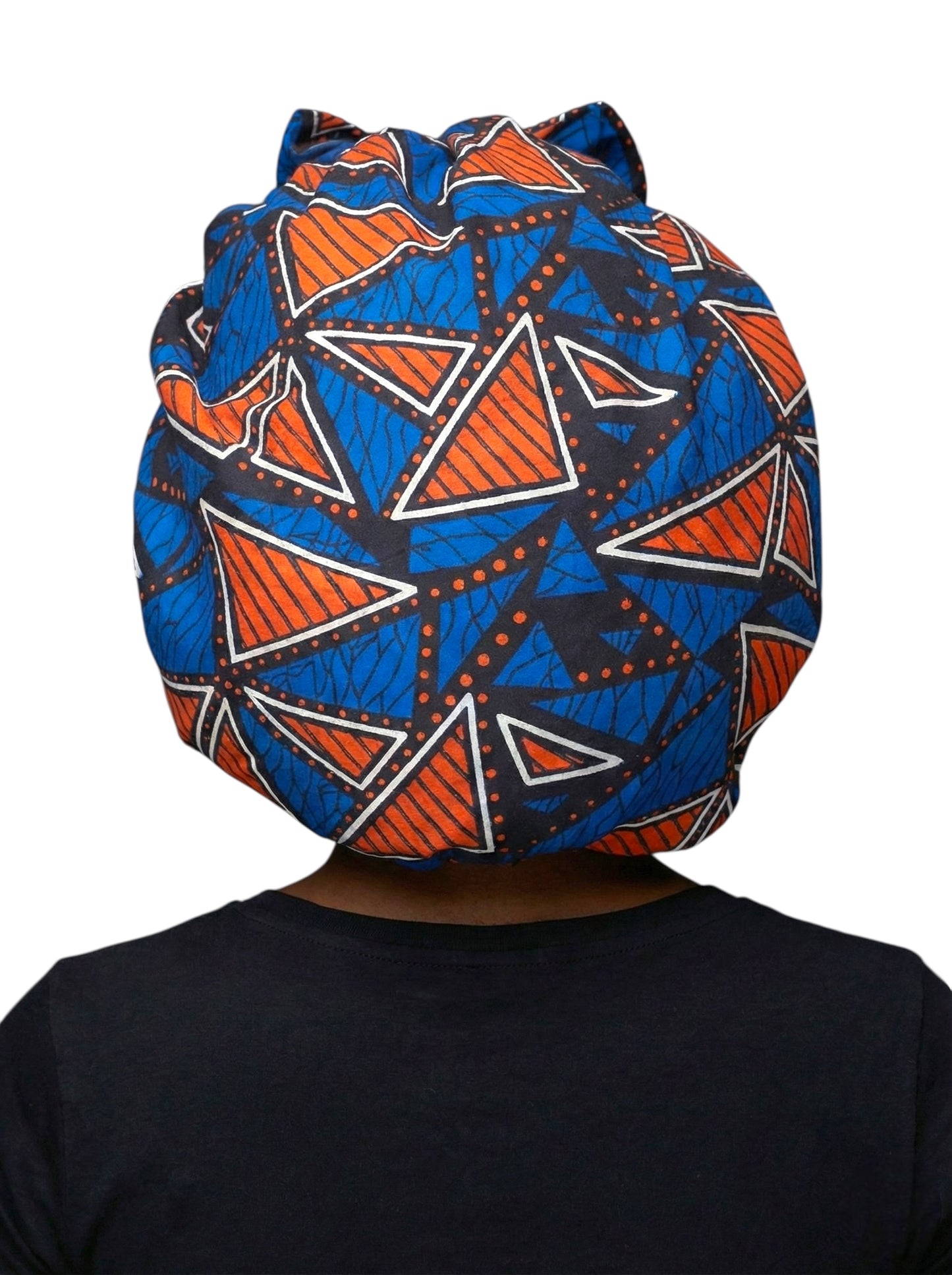 Blue & Orange Ankara Satin-Lined Bonnet with Long Ties – Multi-Wear Sleep Cap, Turban & Headwrap - Fatisha Boutique #