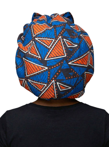 Blue & Orange Ankara Satin-Lined Bonnet with Long Ties – Multi-Wear Sleep Cap, Turban & Headwrap - Fatisha Boutique #