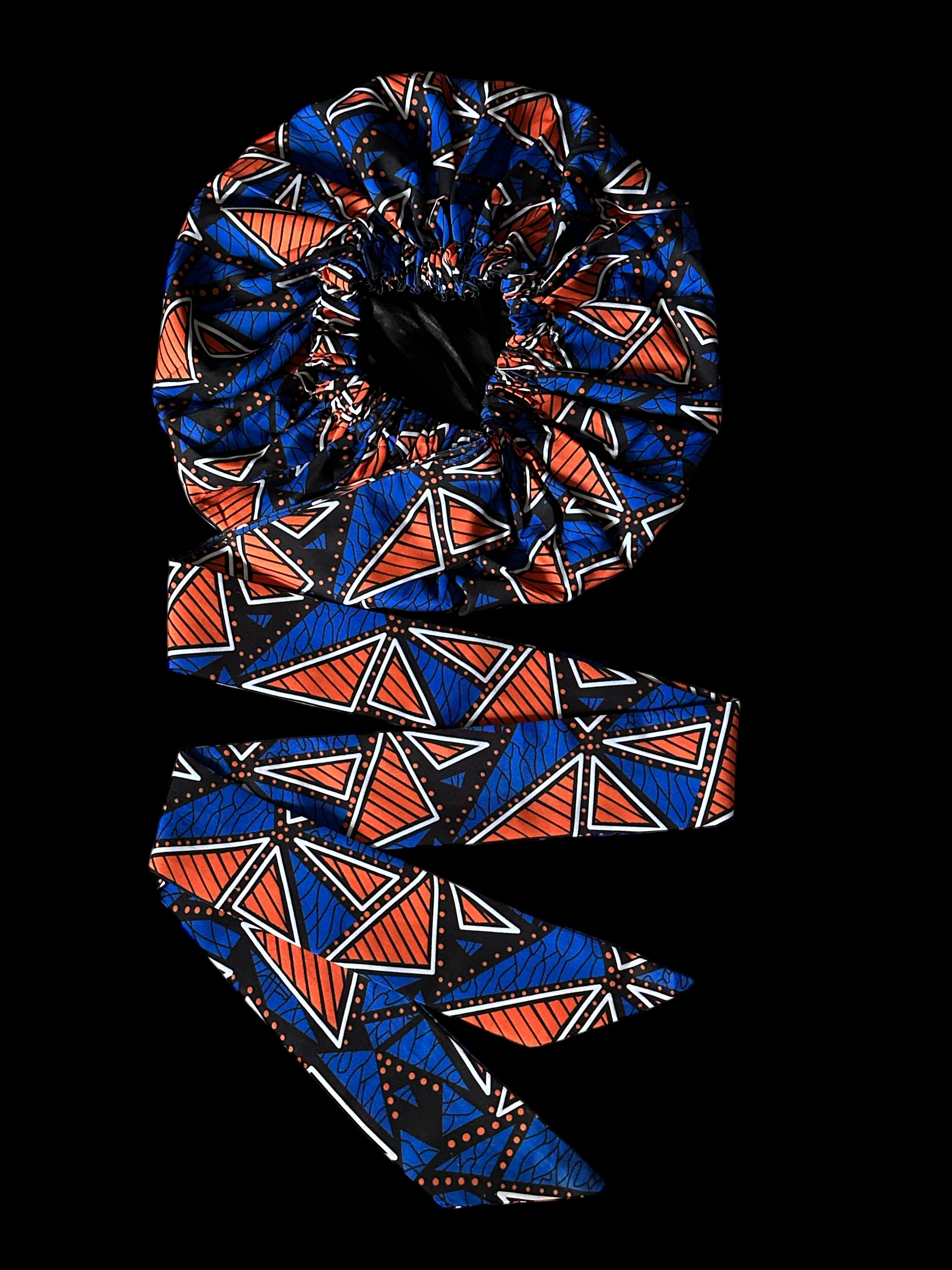 Blue & Orange Ankara Satin-Lined Bonnet with Long Ties – Multi-Wear Sleep Cap, Turban & Headwrap - Fatisha Boutique #