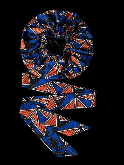 Blue & Orange Ankara Satin-Lined Bonnet with Long Ties – Multi-Wear Sleep Cap, Turban & Headwrap - Fatisha Boutique #