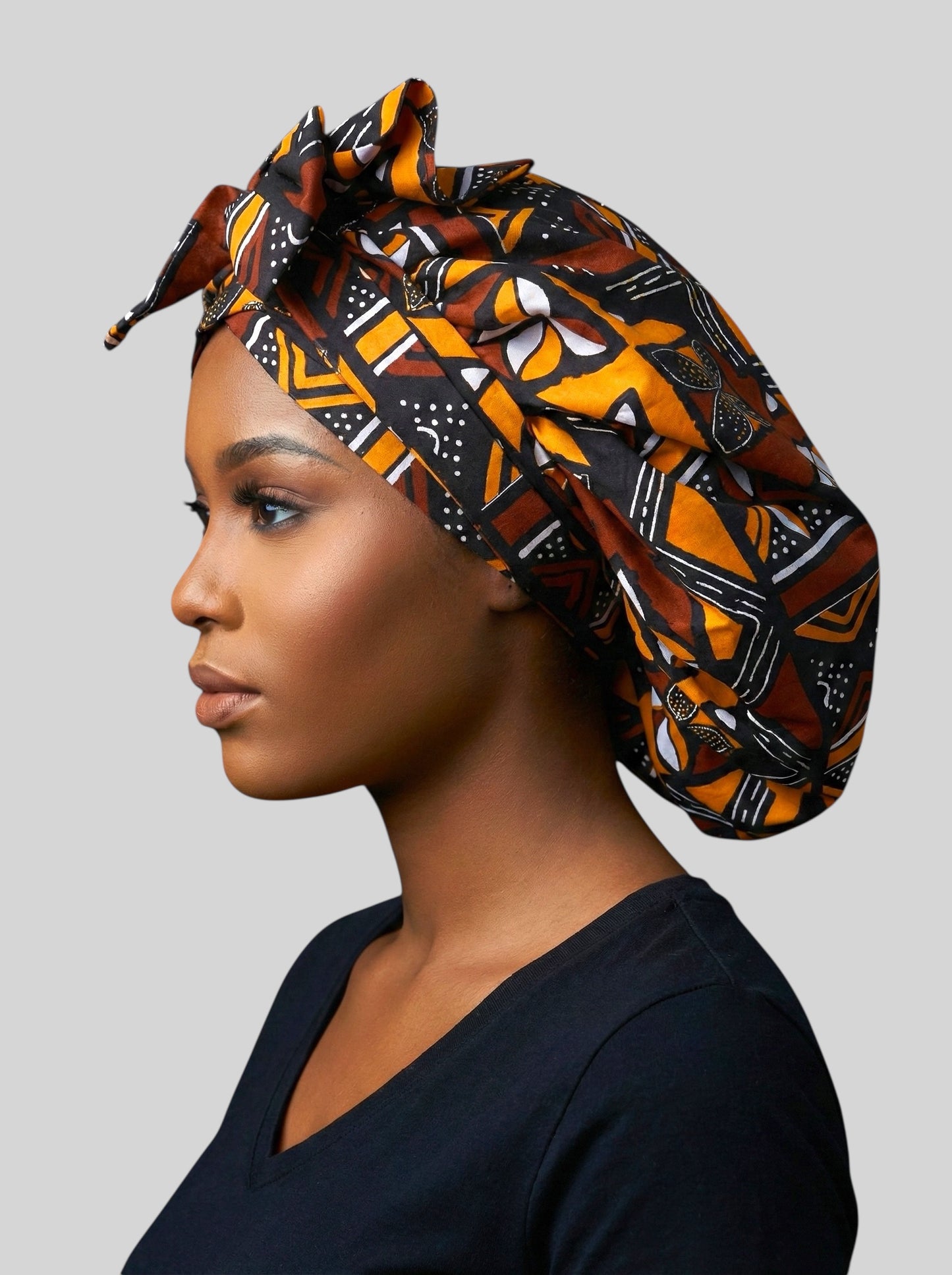 Brown & Mustard Ankara Satin-Lined Bonnet with Long Ties – Multi-Wear Sleep Cap, Turban & Headwrap - Fatisha Boutique #