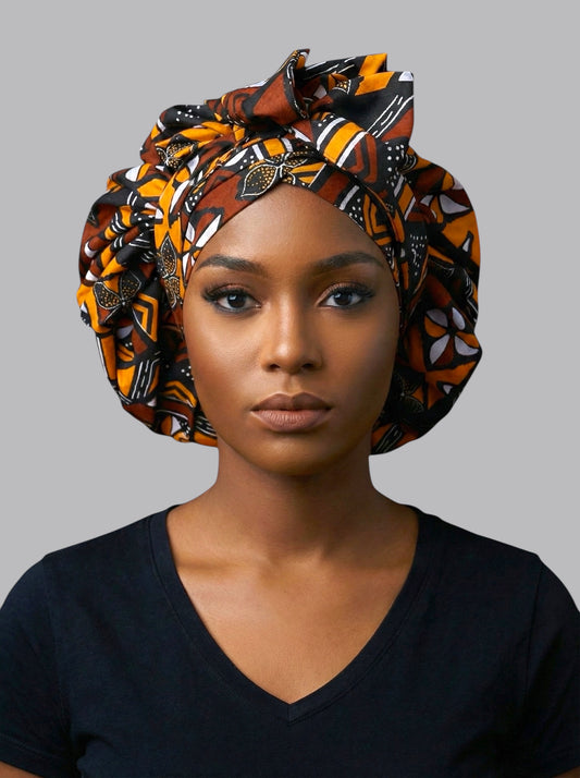 Brown & Mustard Ankara Satin-Lined Bonnet with Long Ties – Multi-Wear Sleep Cap, Turban & Headwrap - Fatisha Boutique #