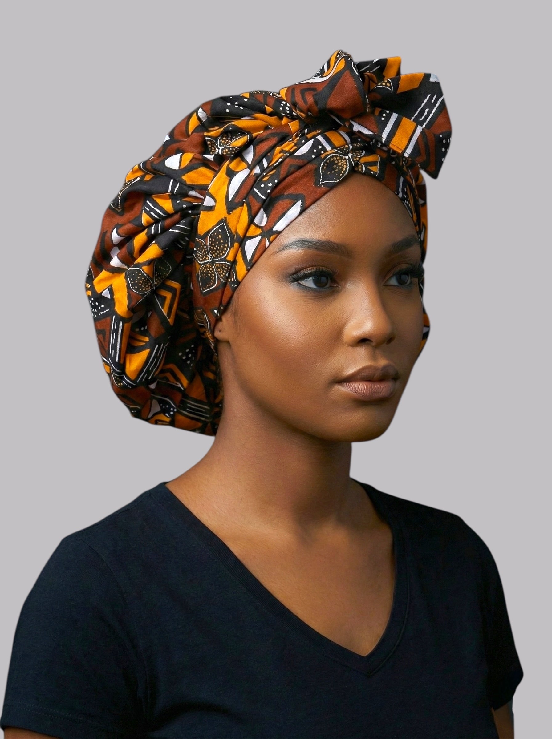 Brown & Mustard Ankara Satin-Lined Bonnet with Long Ties – Multi-Wear Sleep Cap, Turban & Headwrap - Fatisha Boutique #