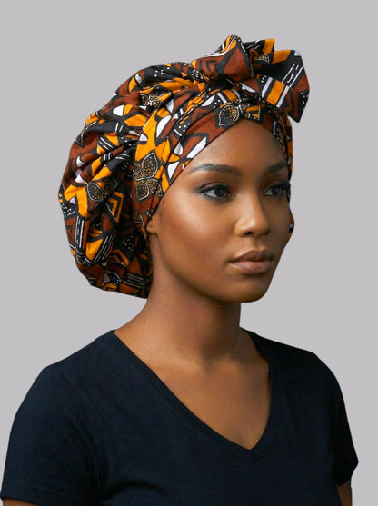 Brown & Mustard Ankara Satin-Lined Bonnet with Long Ties – Multi-Wear Sleep Cap, Turban & Headwrap - Fatisha Boutique #