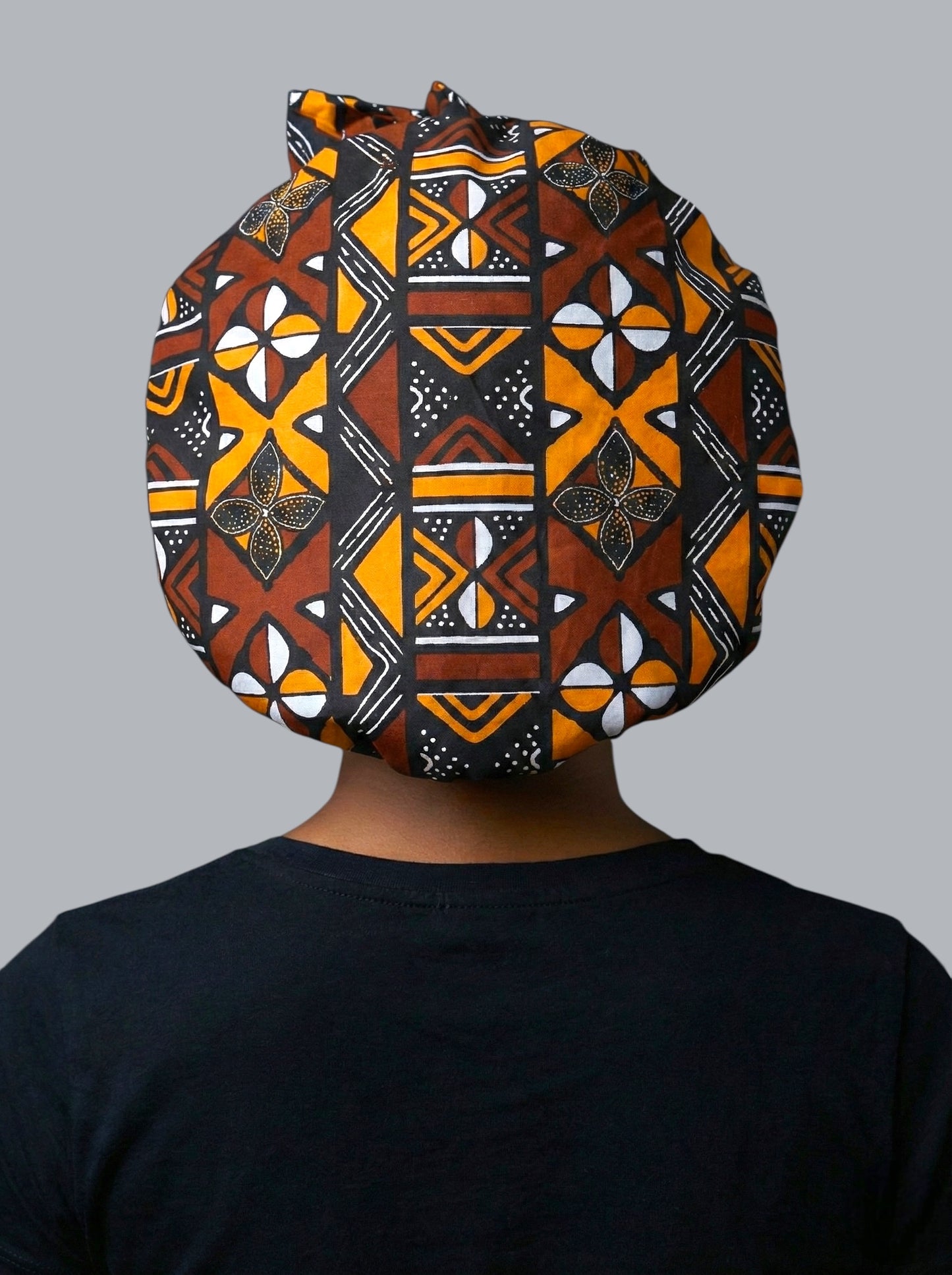 Brown & Mustard Ankara Satin-Lined Bonnet with Long Ties – Multi-Wear Sleep Cap, Turban & Headwrap - Fatisha Boutique #
