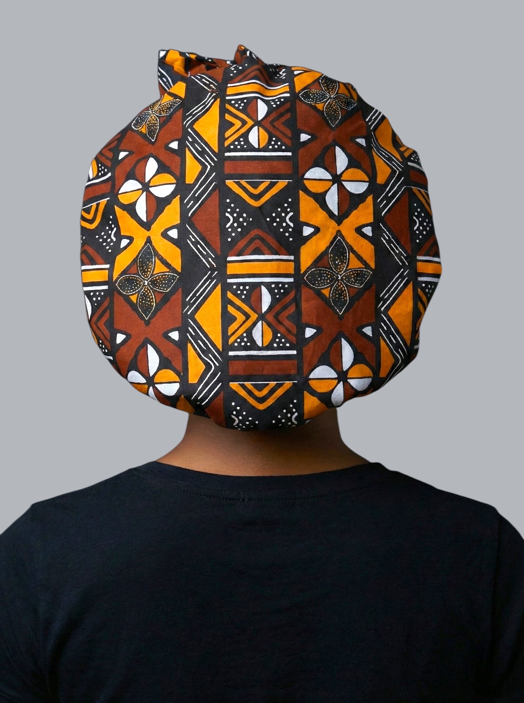 Brown & Mustard Ankara Satin-Lined Bonnet with Long Ties – Multi-Wear Sleep Cap, Turban & Headwrap - Fatisha Boutique #