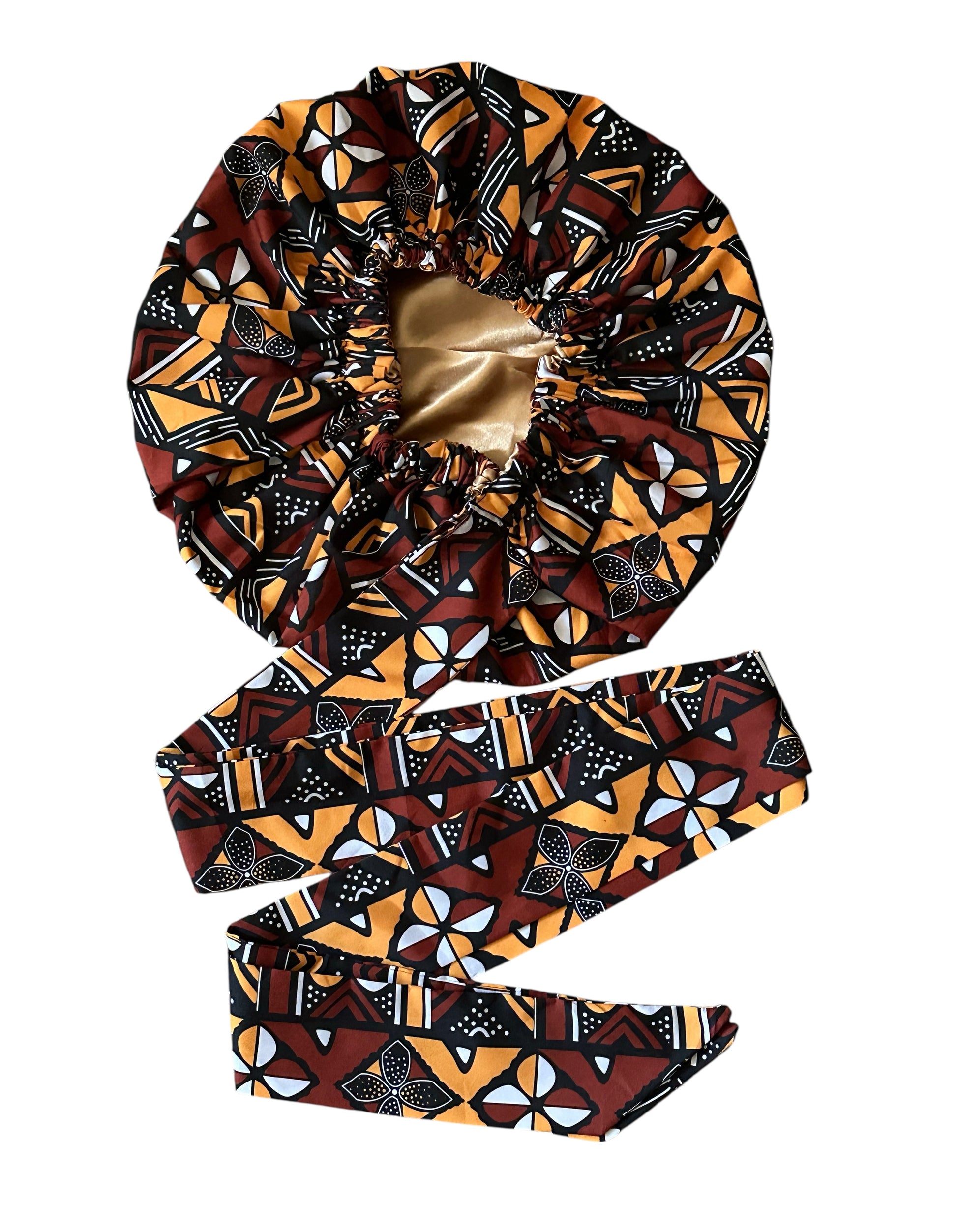 Brown & Mustard Ankara Satin-Lined Bonnet with Long Ties – Multi-Wear Sleep Cap, Turban & Headwrap - Fatisha Boutique #