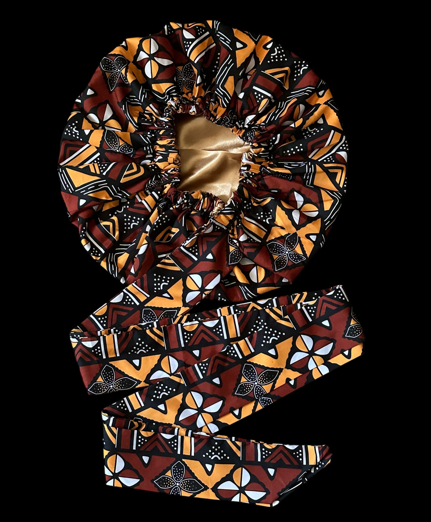 Brown & Mustard Ankara Satin-Lined Bonnet with Long Ties – Multi-Wear Sleep Cap, Turban & Headwrap - Fatisha Boutique #