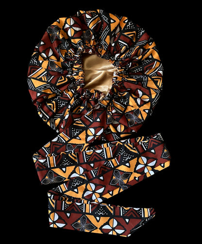 Brown & Mustard Ankara Satin-Lined Bonnet with Long Ties – Multi-Wear Sleep Cap, Turban & Headwrap - Fatisha Boutique #