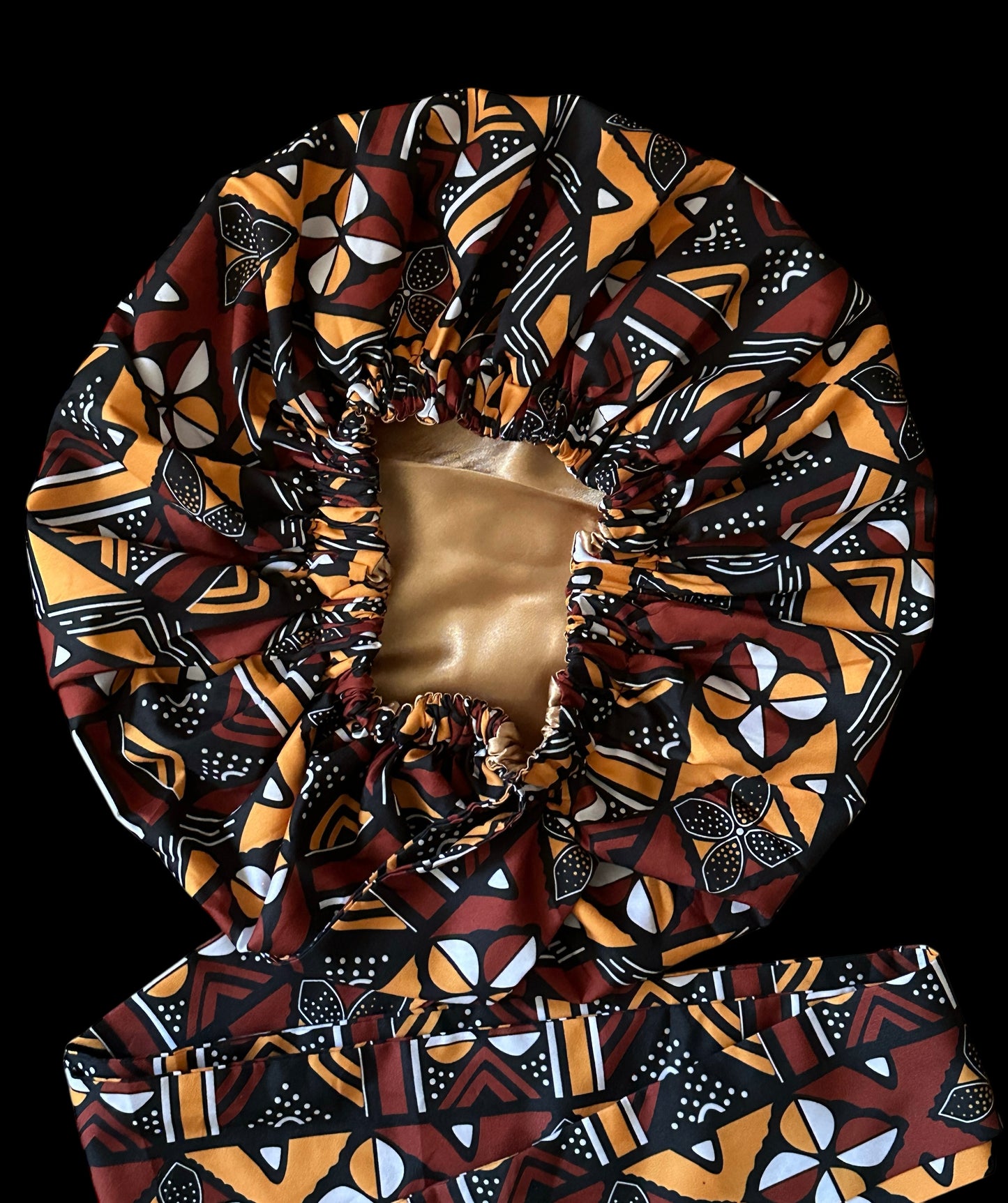 Brown & Mustard Ankara Satin-Lined Bonnet with Long Ties – Multi-Wear Sleep Cap, Turban & Headwrap - Fatisha Boutique #