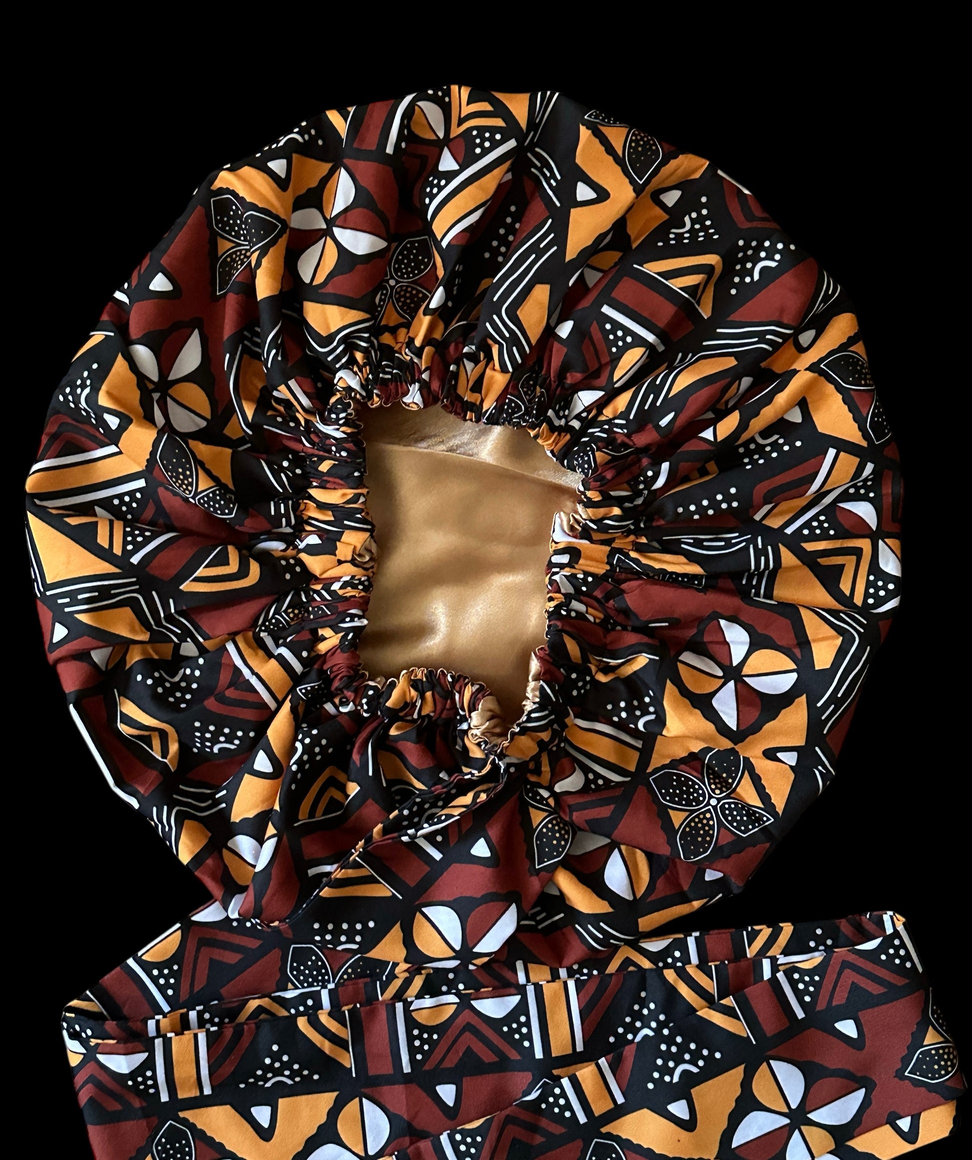 Brown & Mustard Ankara Satin-Lined Bonnet with Long Ties – Multi-Wear Sleep Cap, Turban & Headwrap - Fatisha Boutique #