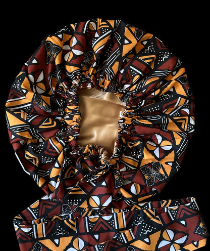 Brown & Mustard Ankara Satin-Lined Bonnet with Long Ties – Multi-Wear Sleep Cap, Turban & Headwrap - Fatisha Boutique #