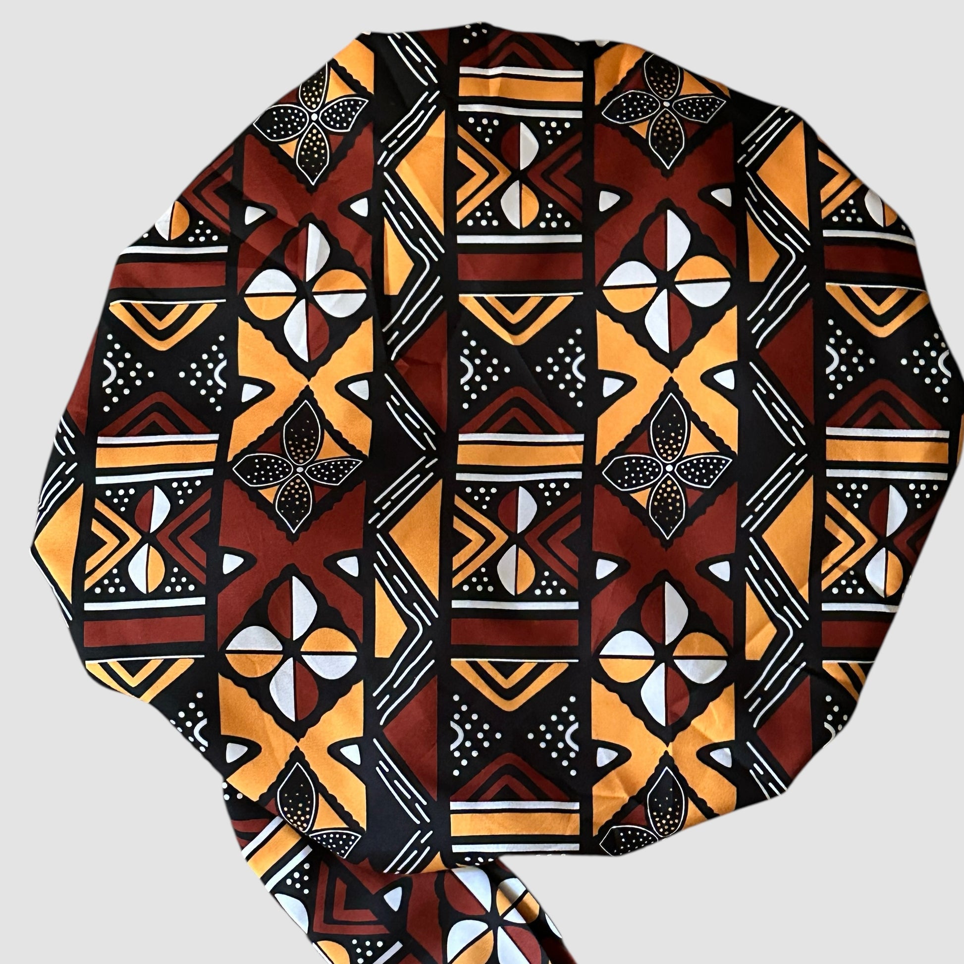 Brown & Mustard Ankara Satin-Lined Bonnet with Long Ties – Multi-Wear Sleep Cap, Turban & Headwrap - Fatisha Boutique #