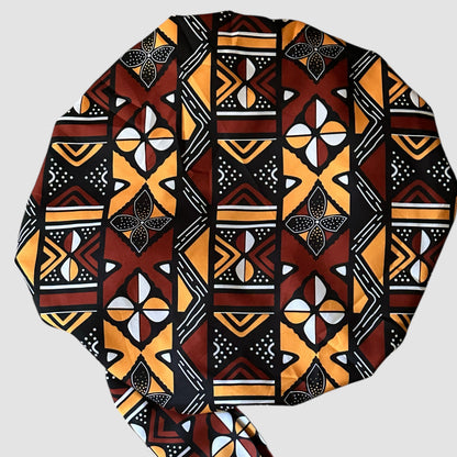 Brown & Mustard Ankara Satin-Lined Bonnet with Long Ties – Multi-Wear Sleep Cap, Turban & Headwrap - Fatisha Boutique #