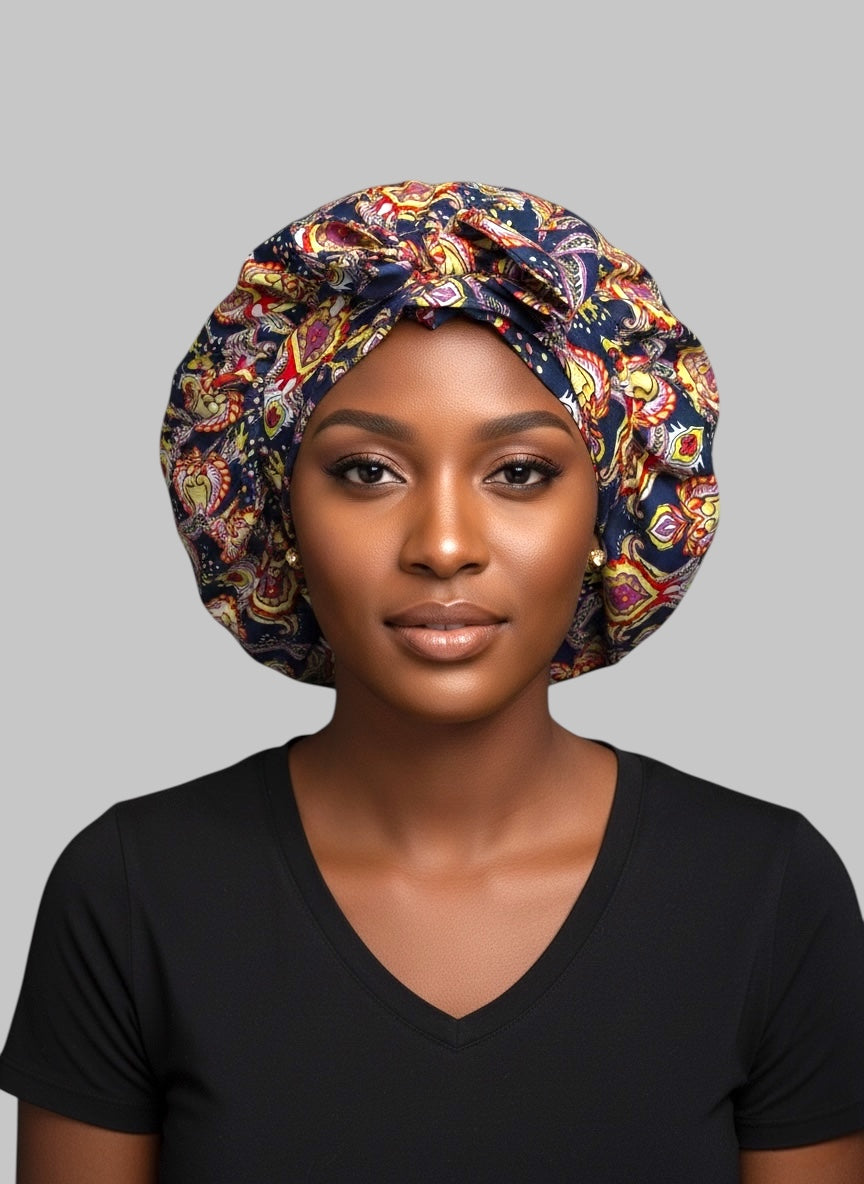 Navy Floral Ankara Satin-Lined Bonnet with Long Ties – Multi-Wear Sleep Cap, Turban & Headwrap - Fatisha Boutique #