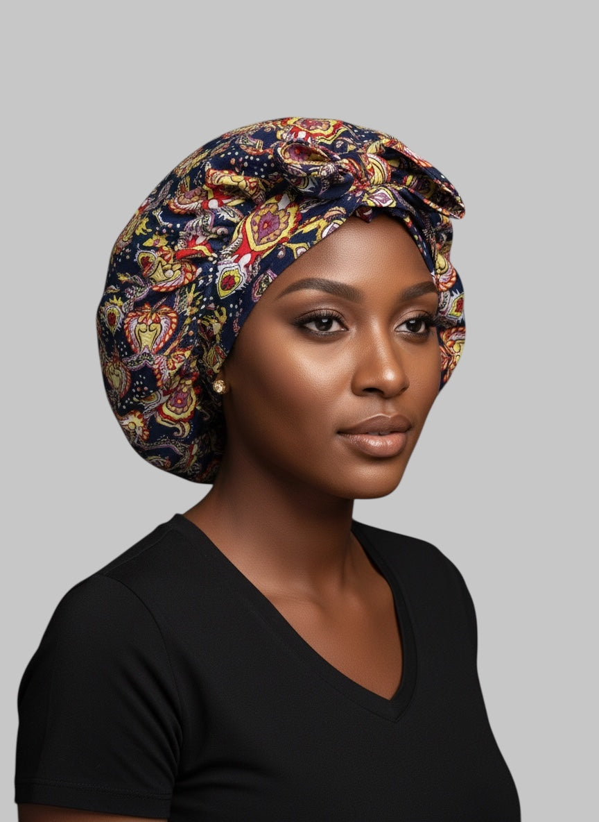 Navy Floral Ankara Satin-Lined Bonnet with Long Ties – Multi-Wear Sleep Cap, Turban & Headwrap - Fatisha Boutique #